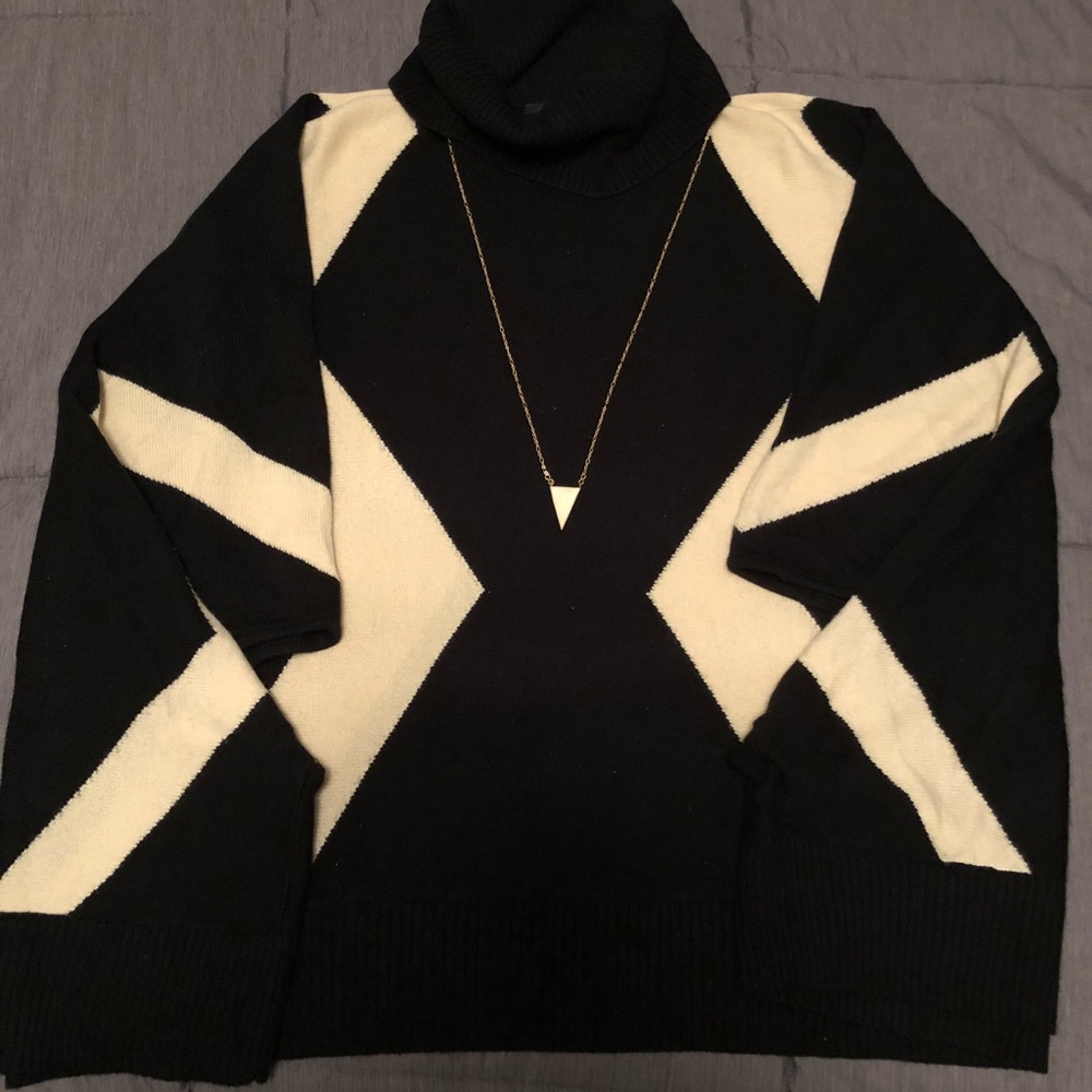 Geometric Black and Cream Turtleneck Poncho